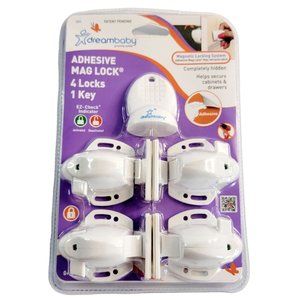 Dreambaby Adhesive Mag Lock 4 Locks 1 Key Helps Secure Cabinets & Drawers